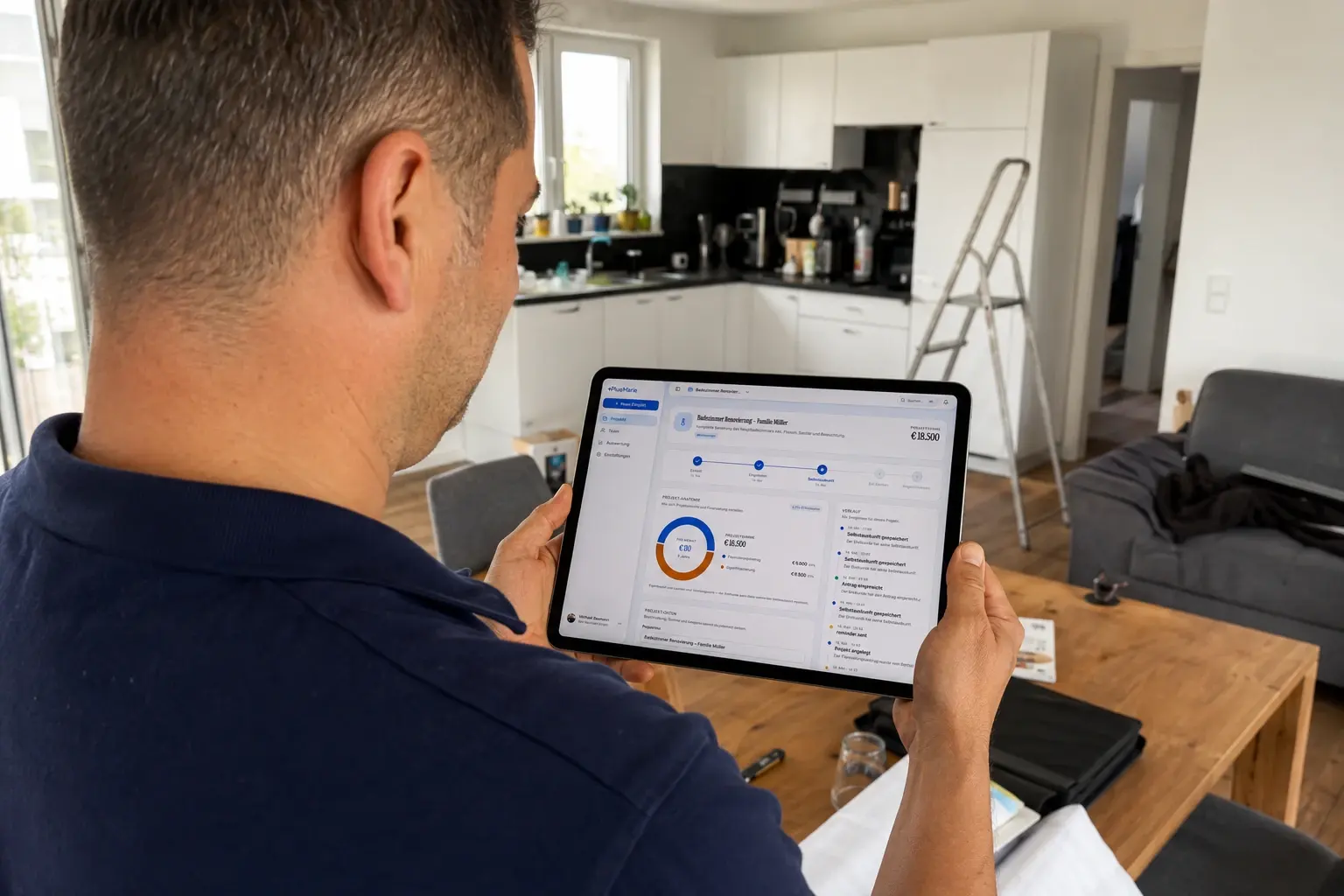 Handwerker mit Tablet, PlusMarie Dashboard sichtbar